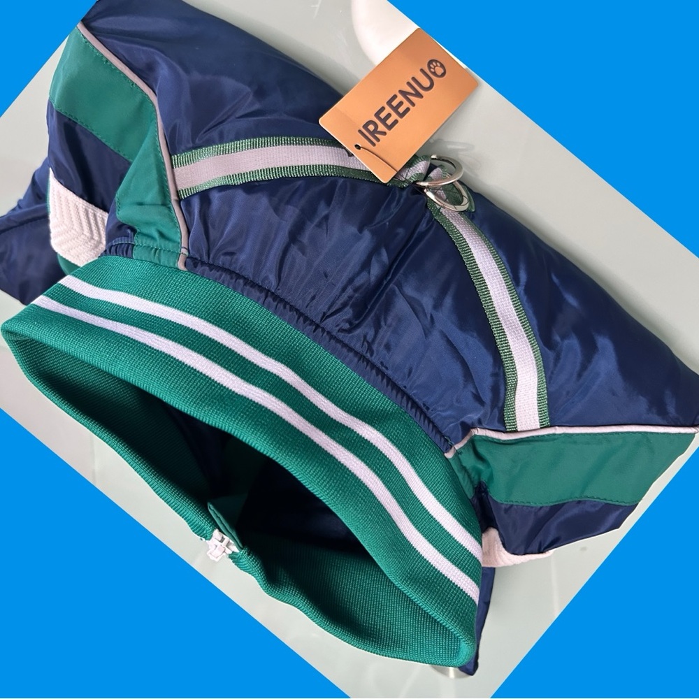 IREENUO Blue Dog Raincoat/Coat with Green/White Striped Collar